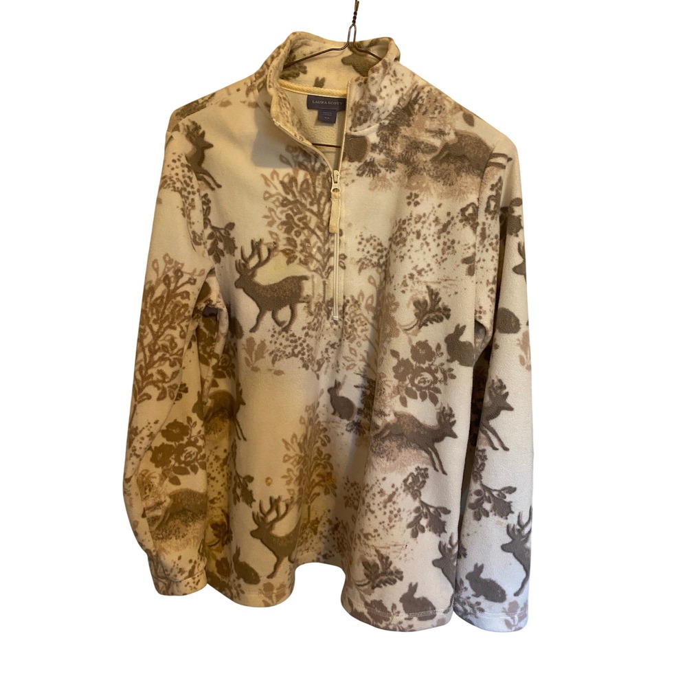 Laura Scott Sweater Womens Medium Woodland Deer Fleece Quarter Zip Pullover